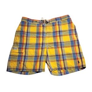 Vintage Polo Ralph Lauren Swim Trunks Yellow Blue Plaid Lined Mens Large